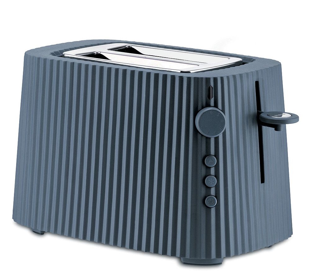 Grauer Alessi Plissé Toaster MDL08 G: Kompakter Toaster mit Rillenstruktur und Bedienelementen.